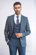 Men's slim fit checked suit jacket with dark blue vest and tie