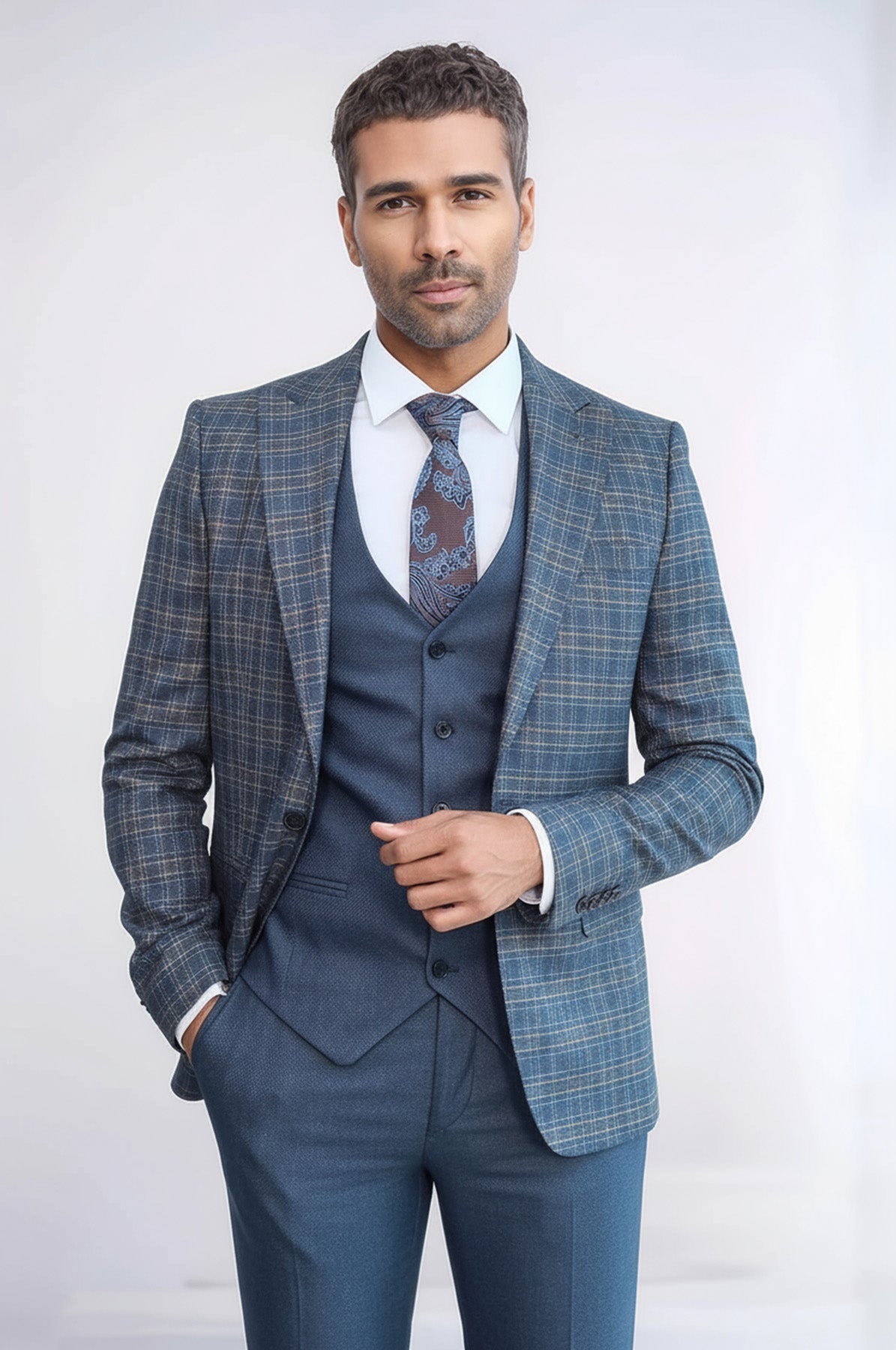 Men's slim fit checked suit jacket with dark blue vest and tie