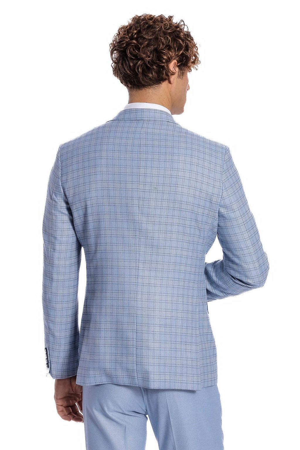 Light blue checked suit jacket with matching trousers, back view.