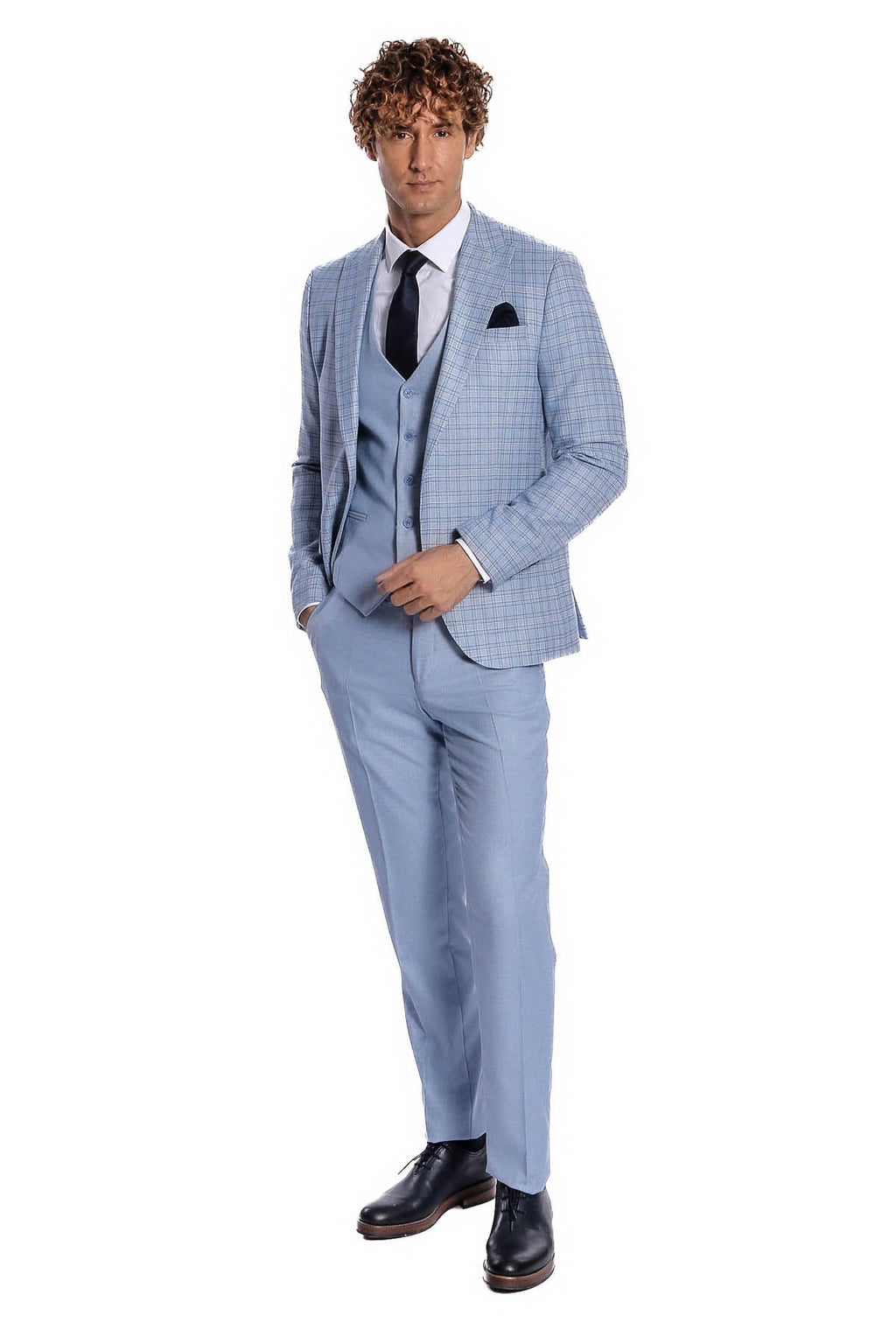 Light blue checked suit set with matching trousers, black tie, and pocket square.