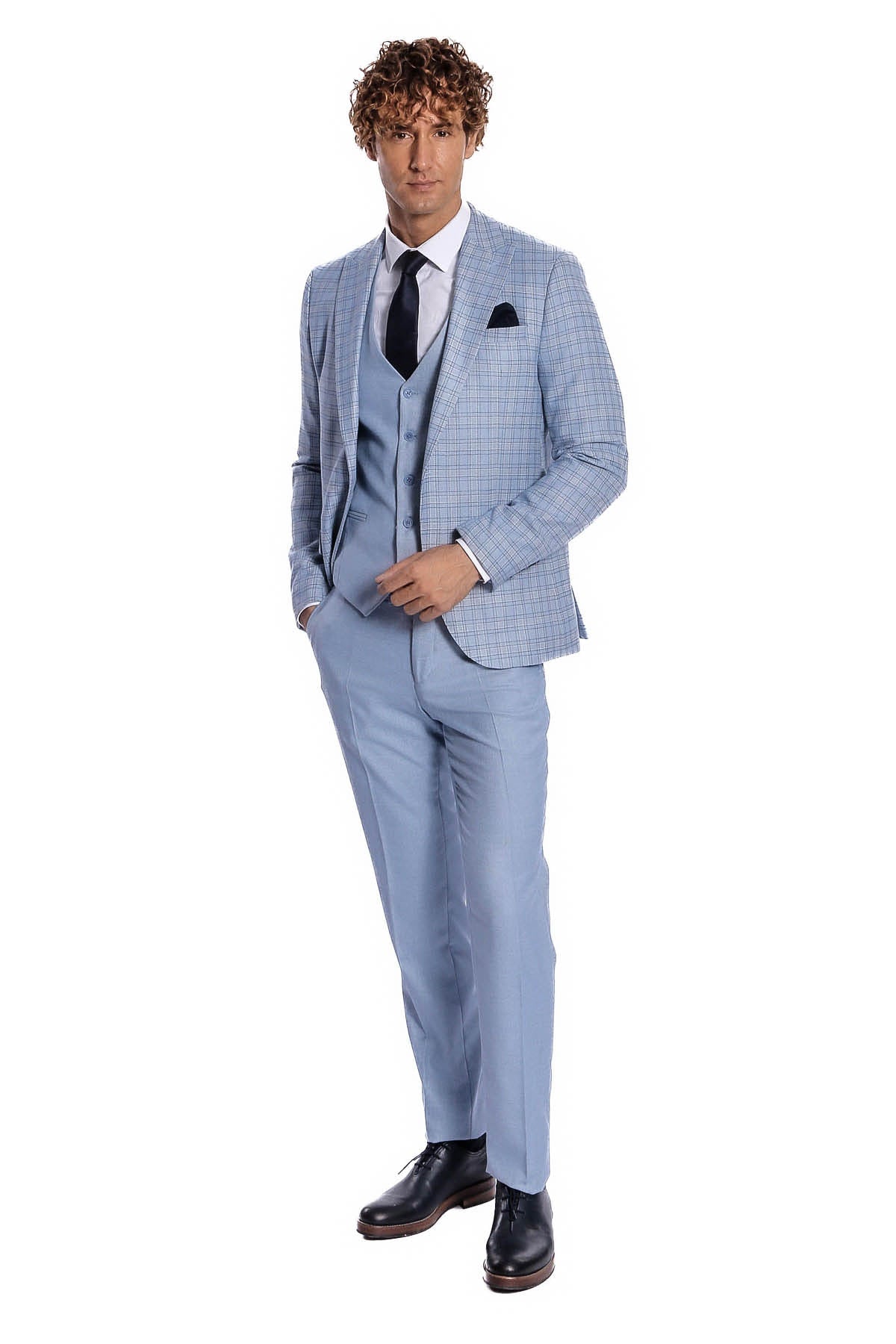 Light blue checked suit set with matching trousers, black tie, and pocket square.