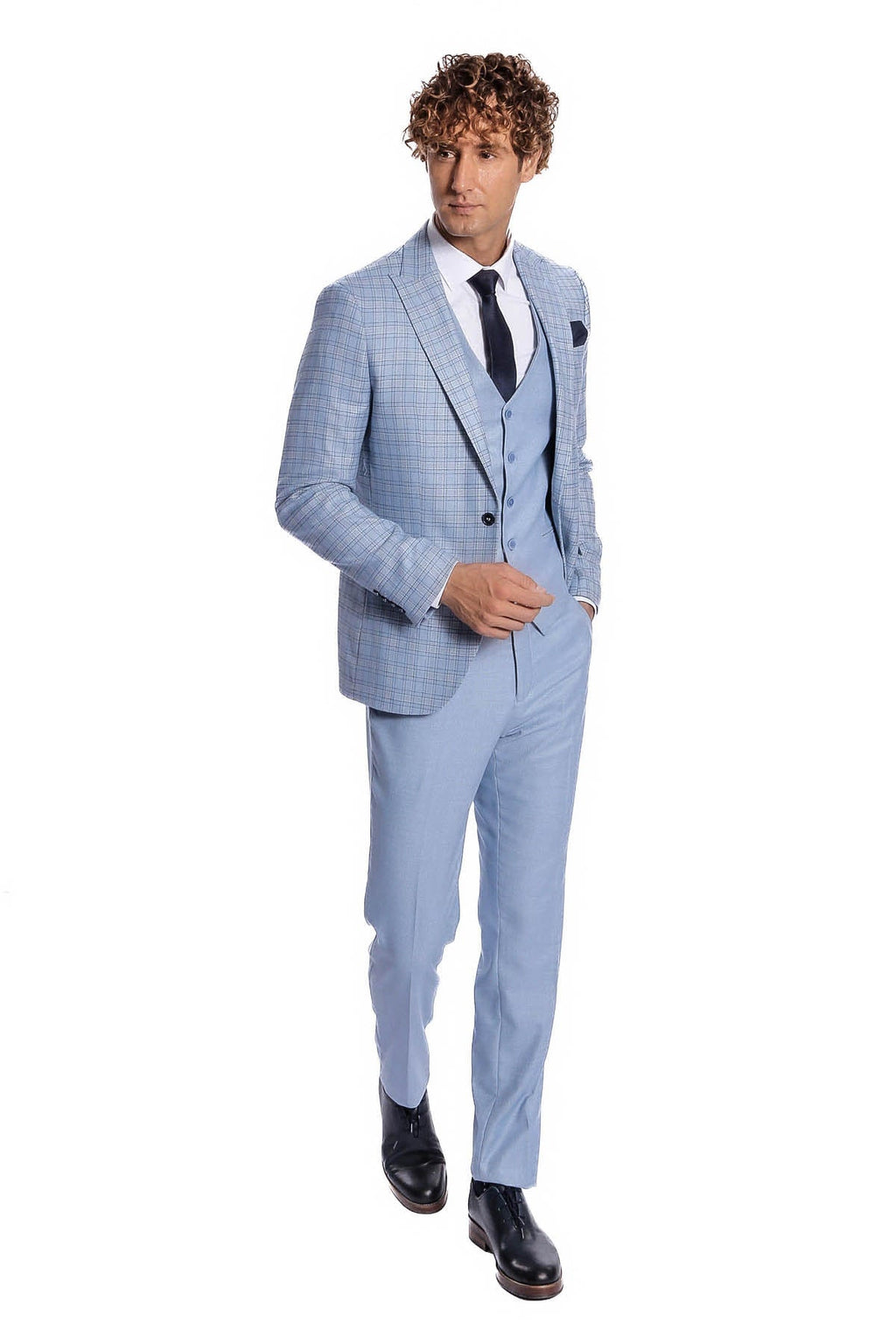 Light blue checked suit jacket with vest and black tie, matching trousers.