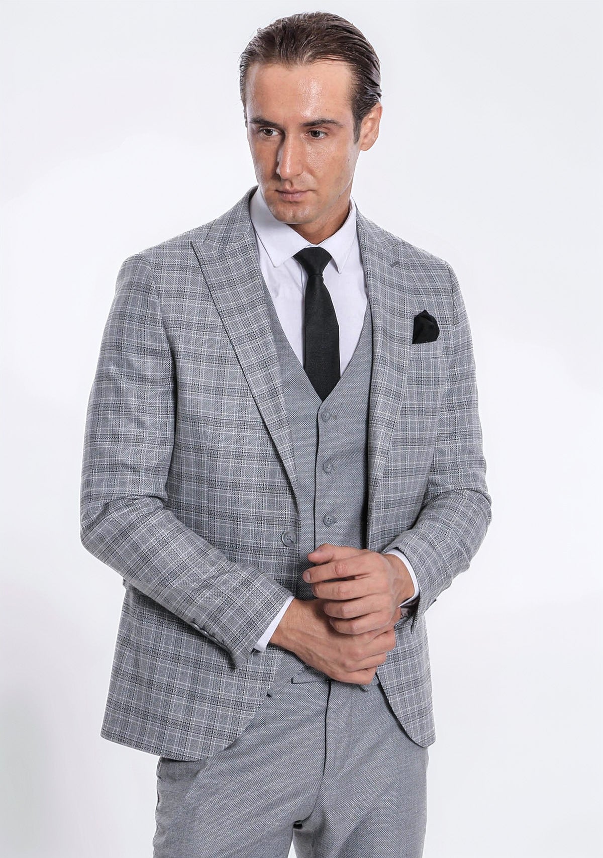 Wessi men's light grey checked slim-fit suit with jacket, waistcoat, and black tie