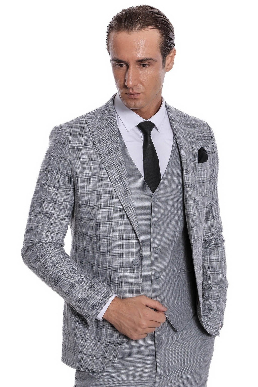 Wessi men's light grey checked suit jacket detail with black tie and pocket square
