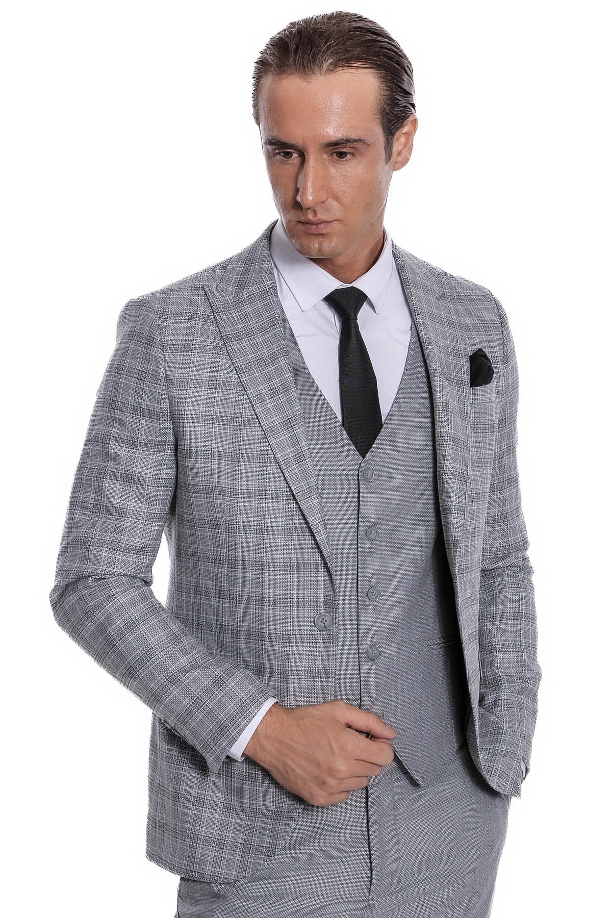 Wessi men's light grey checked suit jacket detail with black tie and pocket square