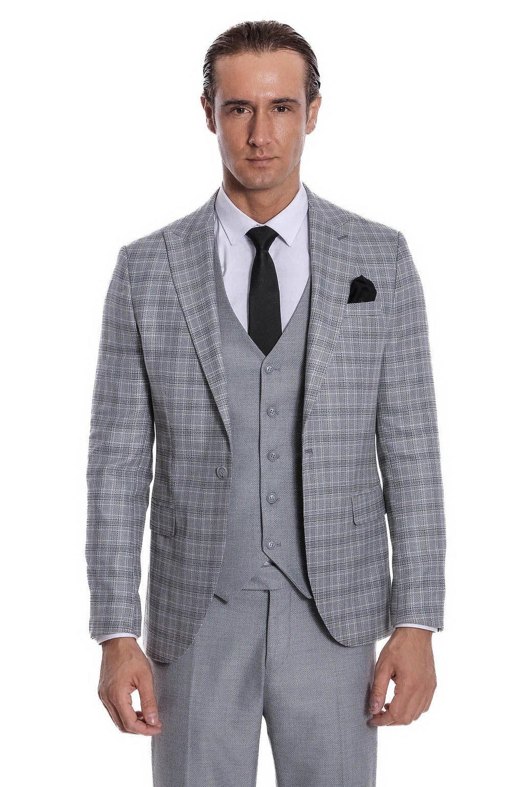 Wessi men's light grey checked slim-fit three-piece suit, full front view