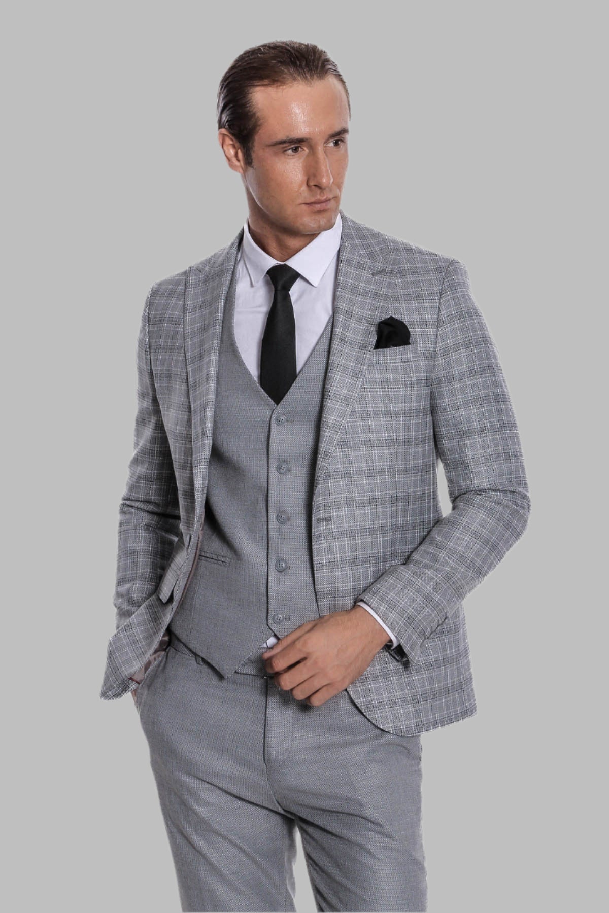 Wessi men's checked slim-fit three-piece suit with jacket and waistcoat, side view