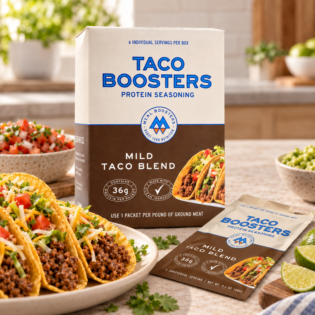 Taco Boosters Mild Taco Blend protein seasoning mix box, 6 individual packets