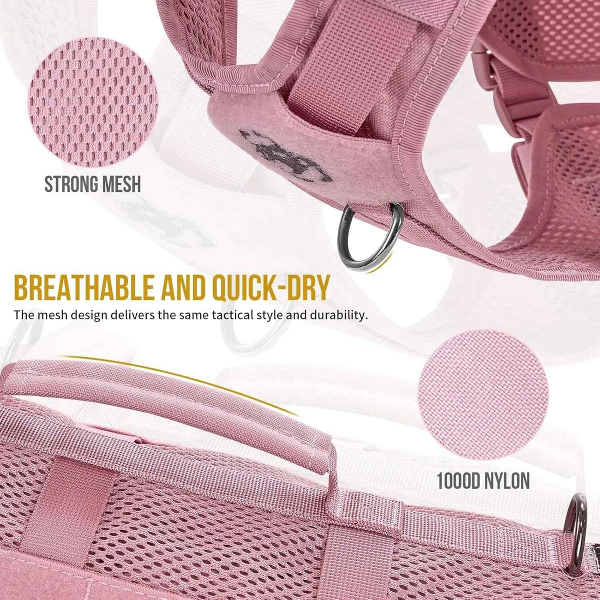 Pink harness detail showing breathable mesh, nylon fabric and a metal D-ring