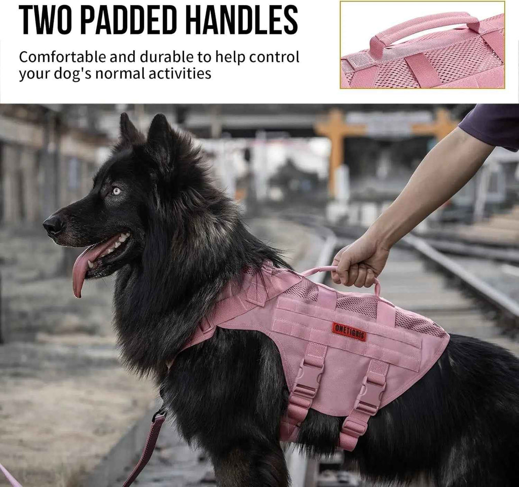 Pink tactical dog harness with two padded grab handles, worn by a dog
