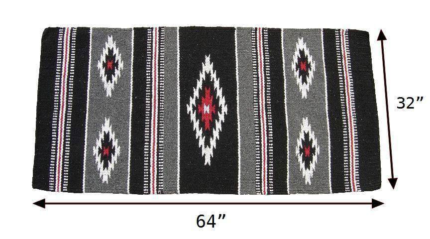 Western saddle blanket size 64 x 32 in, black with grey stripes and star motifs