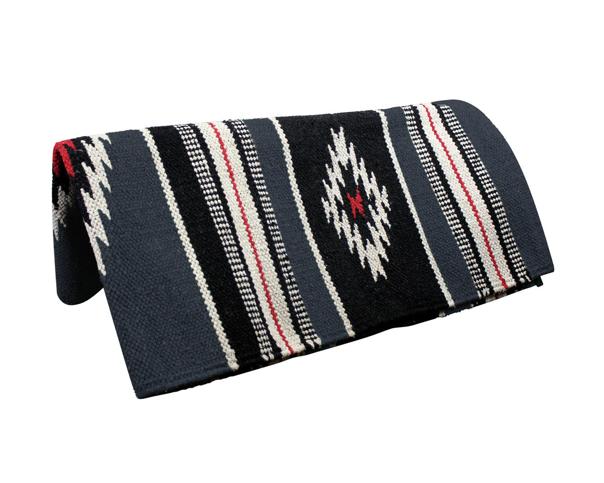 Western saddle blanket, black base with white stripes and small red accent zigzag