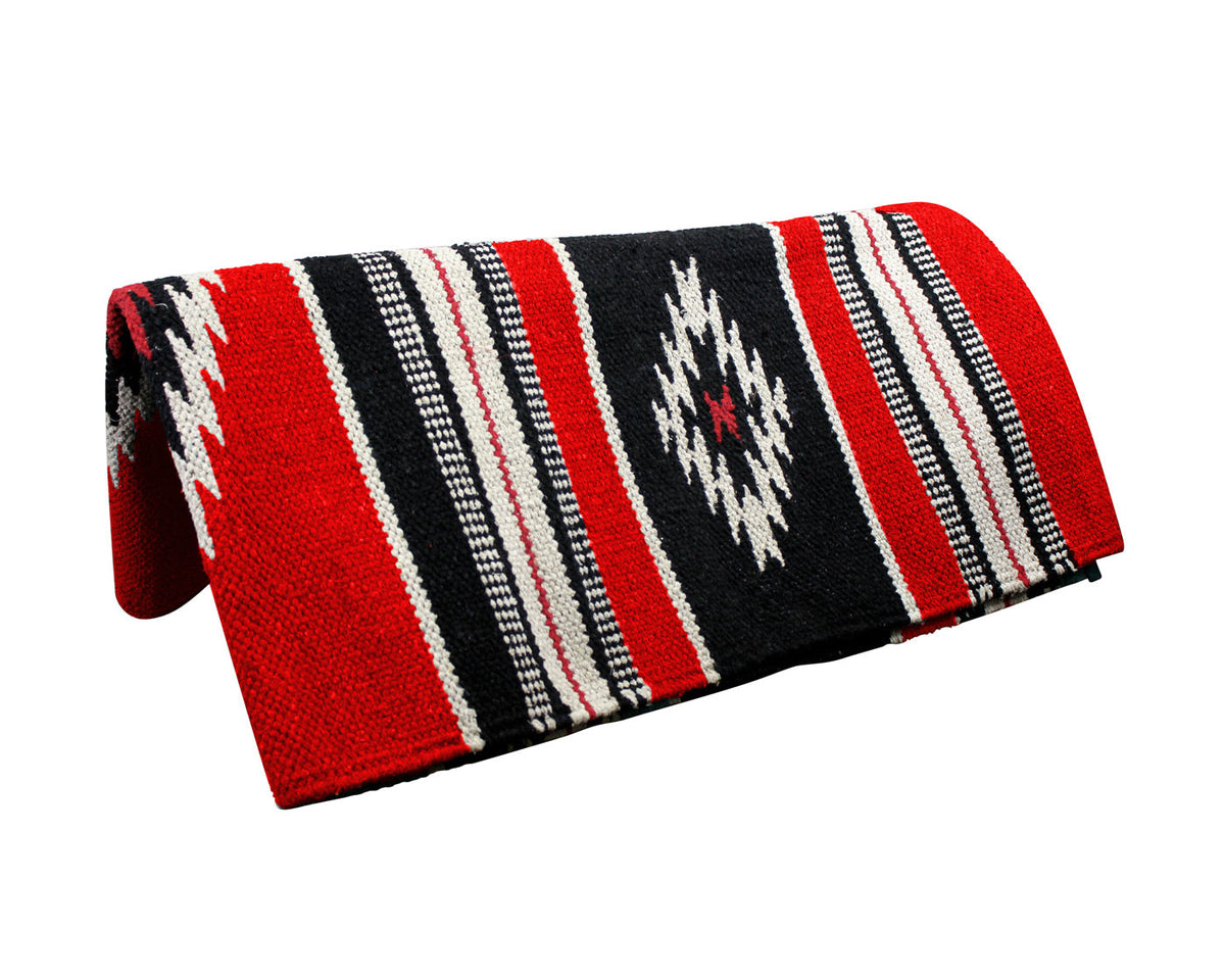Western saddle blanket in red, black, and white with striped bands and small star motif