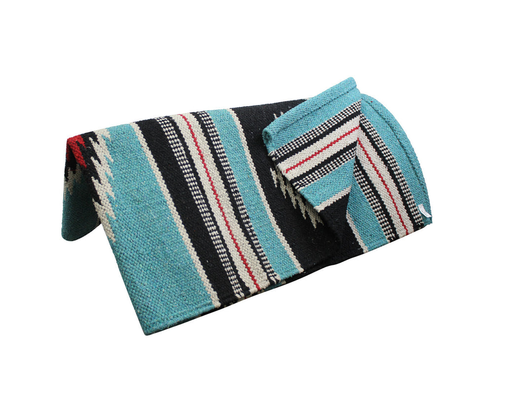 Western saddle blanket, turquoise and black with white stripes and folded end detail