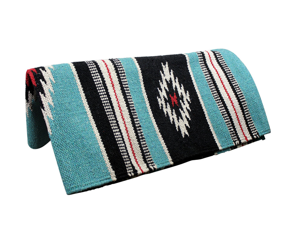 Western saddle blanket, turquoise with black and white striped bands and star motifs