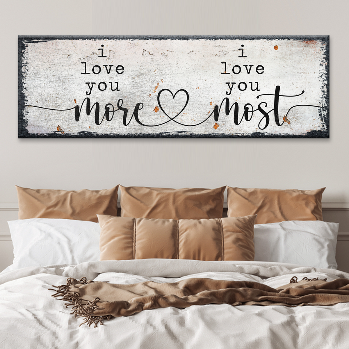 Distressed love you more and most wall canvas sign with heart and dark frame