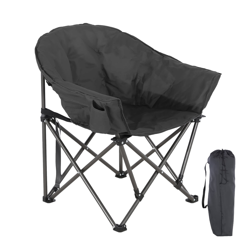 Compact folding camping chair with fabric seat, X-frame base, and carry bag