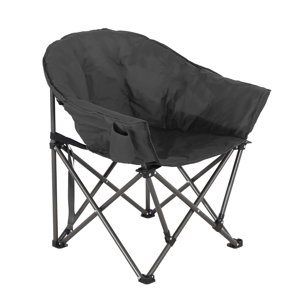 Folding camping chair with dark upholstered seat and side pocket organizer