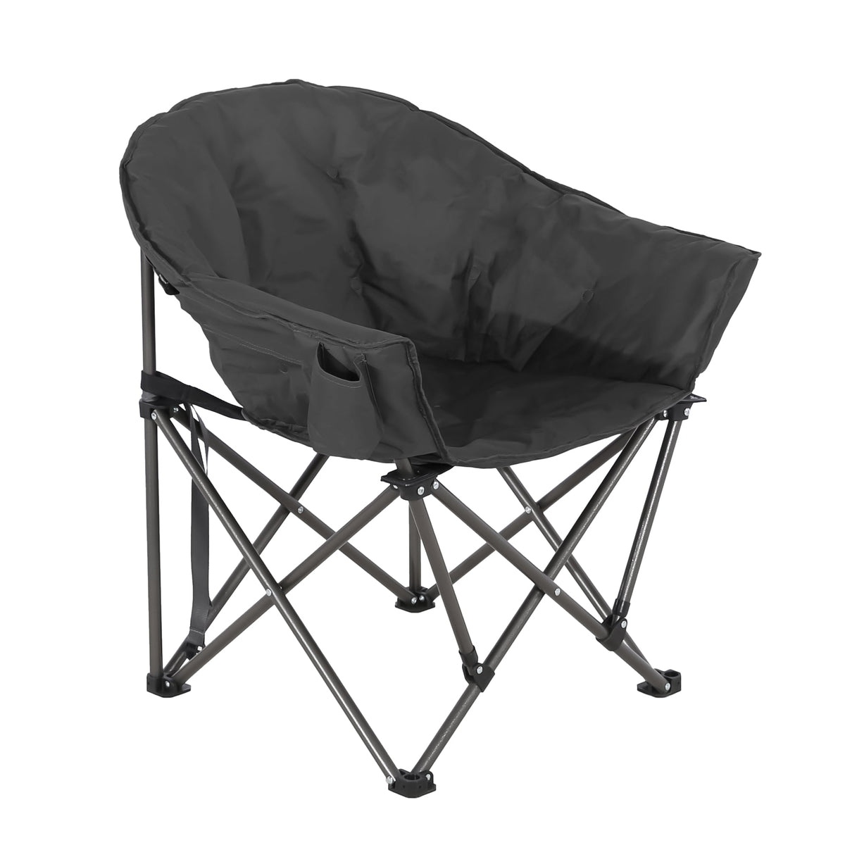 Folding camping chair with dark upholstered seat and side pocket organizer