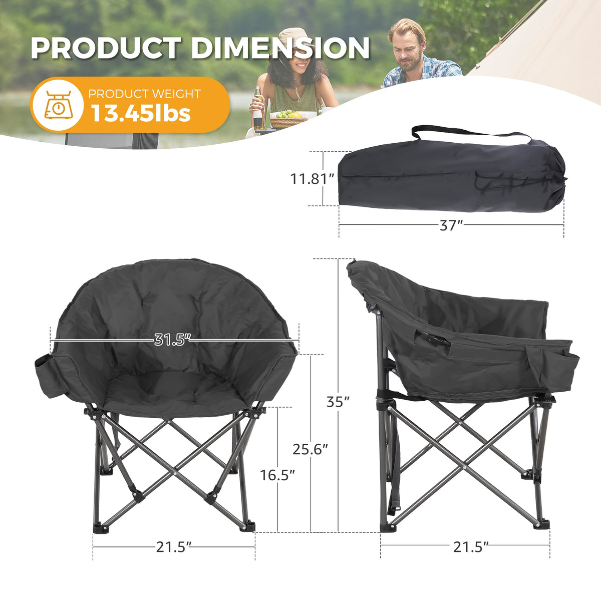 Folding camping chair with storage bag, shown with product size diagram