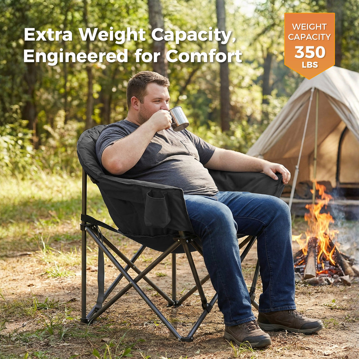 Folding camping chair with cup-holder area and side organizer pocket