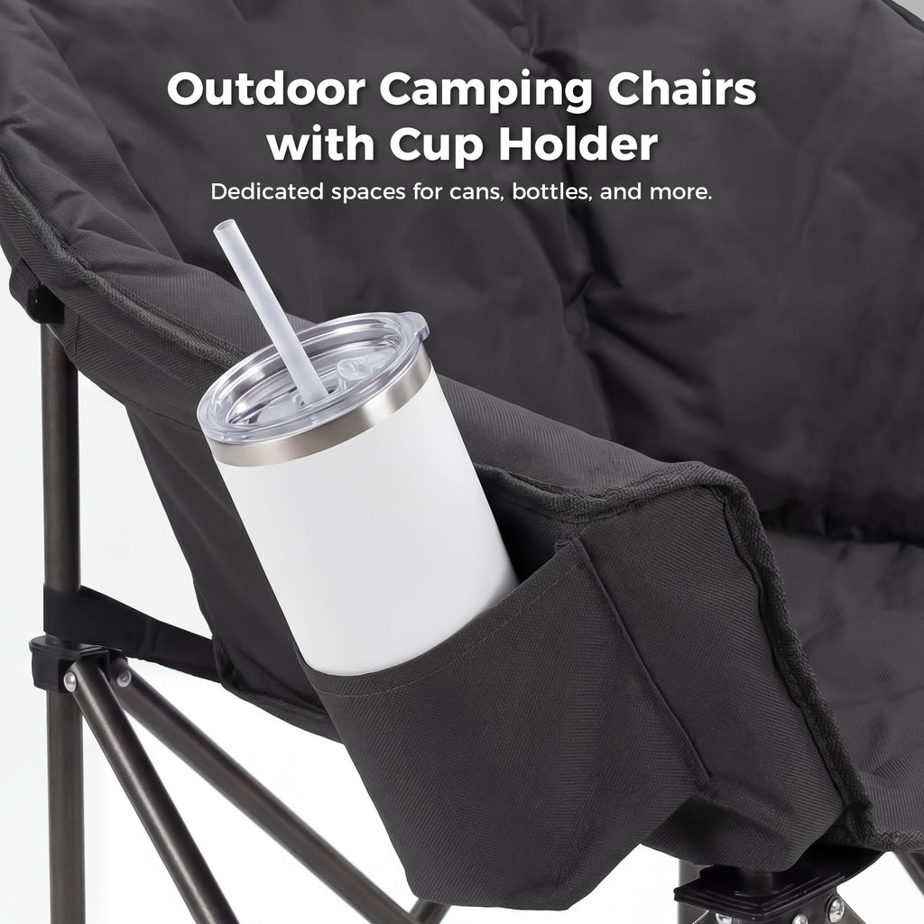Folding camping chair cup holder pouch holding a stainless tumbler