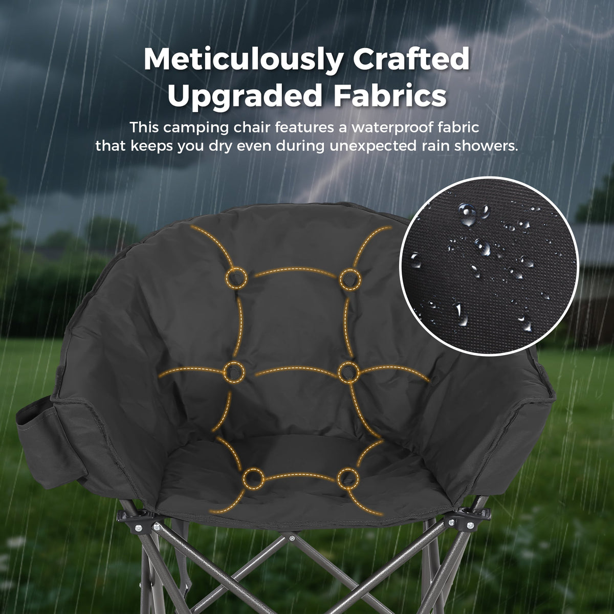 Padded folding camping chair seat with stitched panel detail and rain droplet texture