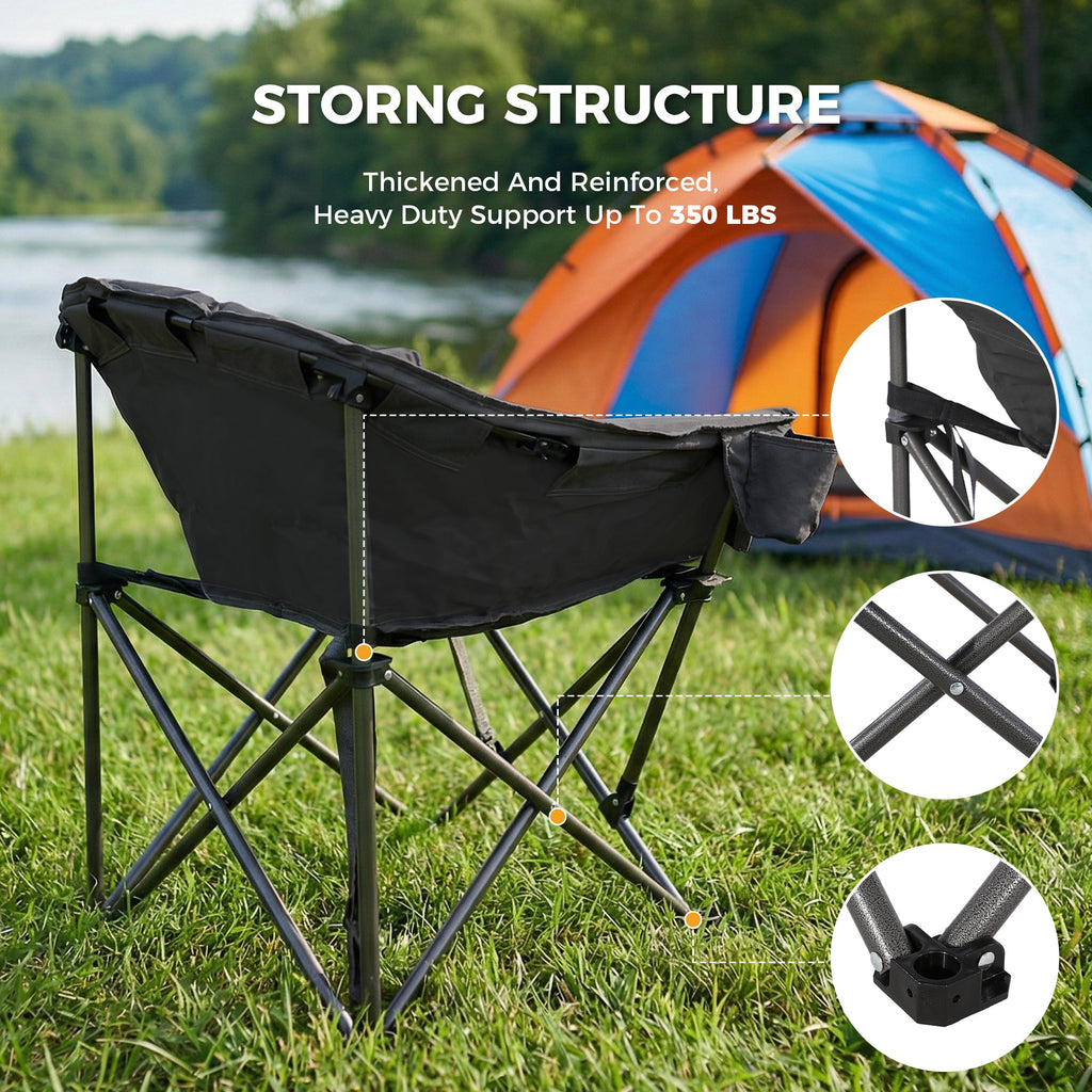 Black folding camping chair with fabric seat, backrest, and steel X-frame