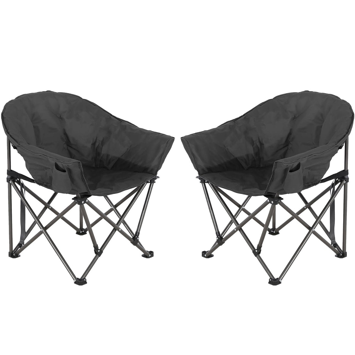 Folding camping chairs set with dark fabric seat, X-frame legs, and side organizer
