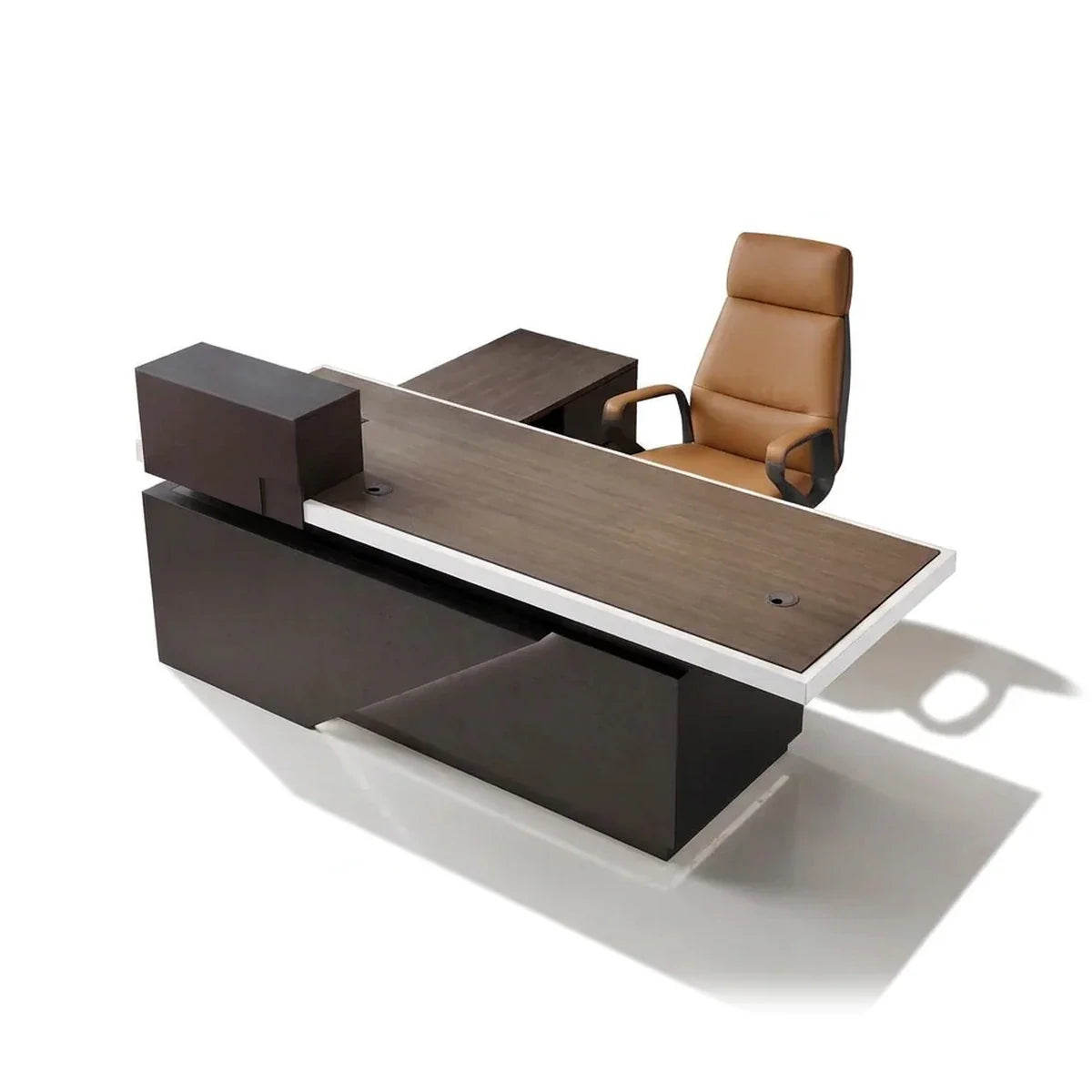 Modern L-shaped desk with dark wood-look surfaces and built-in storage panels.