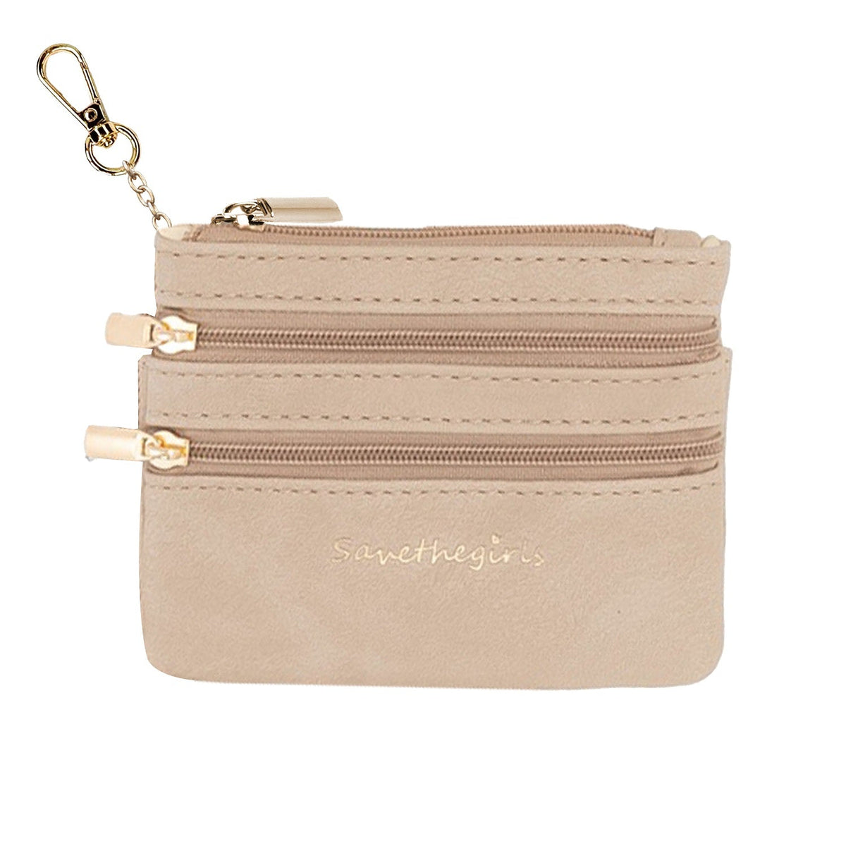 Camel beige zippered pouch with 3 zippers and gold keychain ring