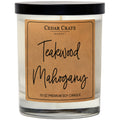 Teakwood Mahogany soy candle in clear glass jar with black lid and kraft label