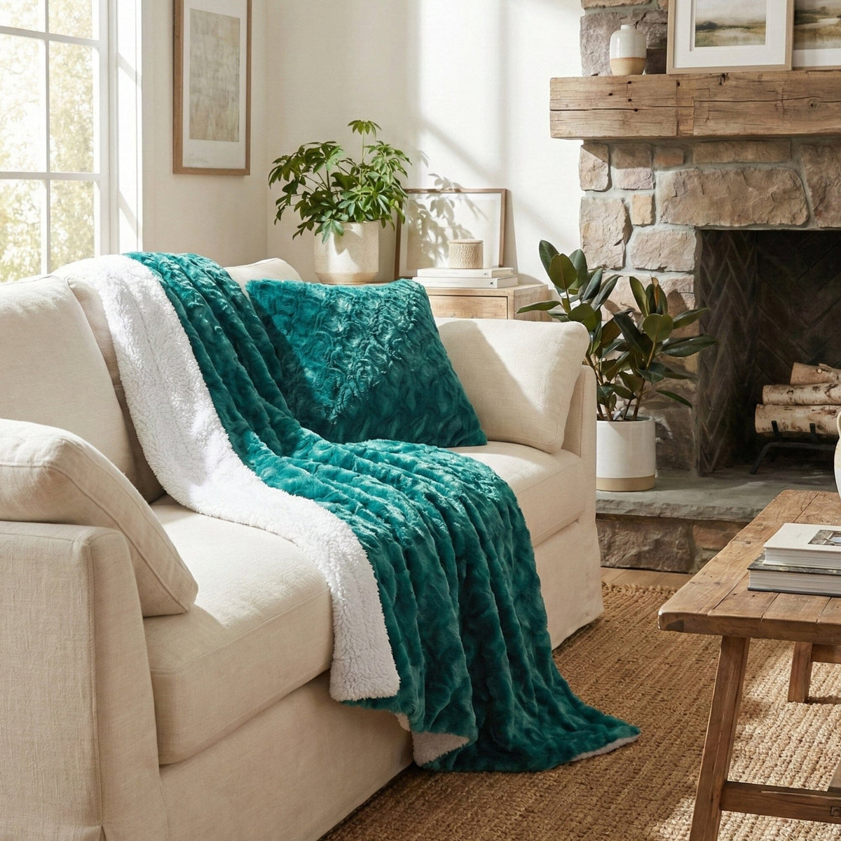 Faux fur sherpa throw blanket in dark teal with white sherpa trim, draped on a sofa