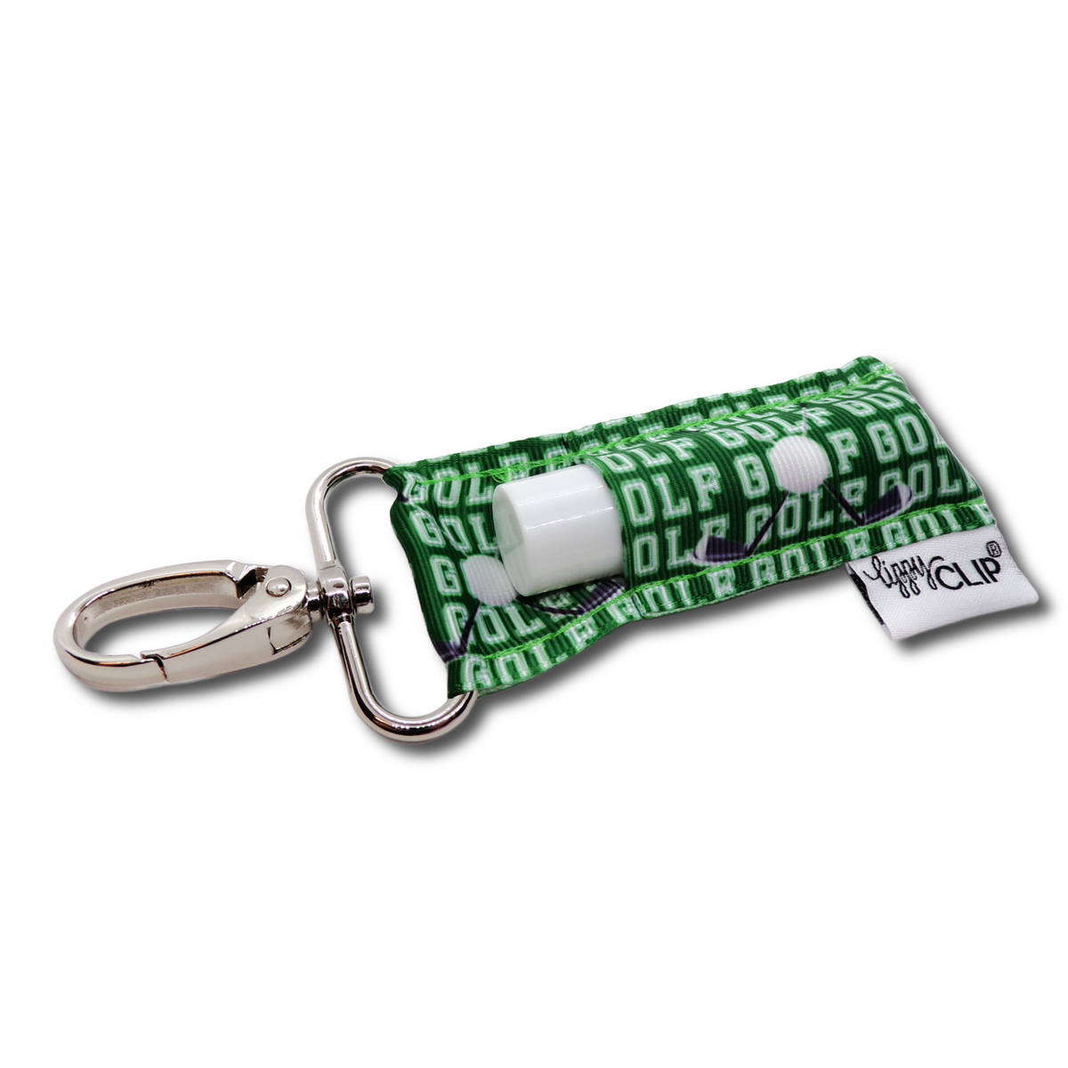 LippyClip lip balm holder with green patterned fabric and metal carabiner clip