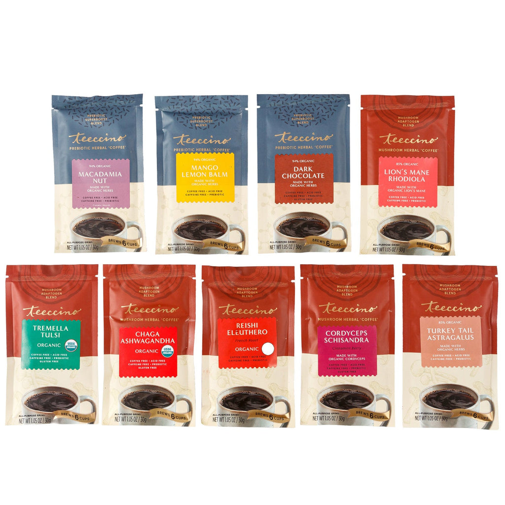 Herbal coffee sampler assortment of 9 packets in blue, yellow, red, and beige