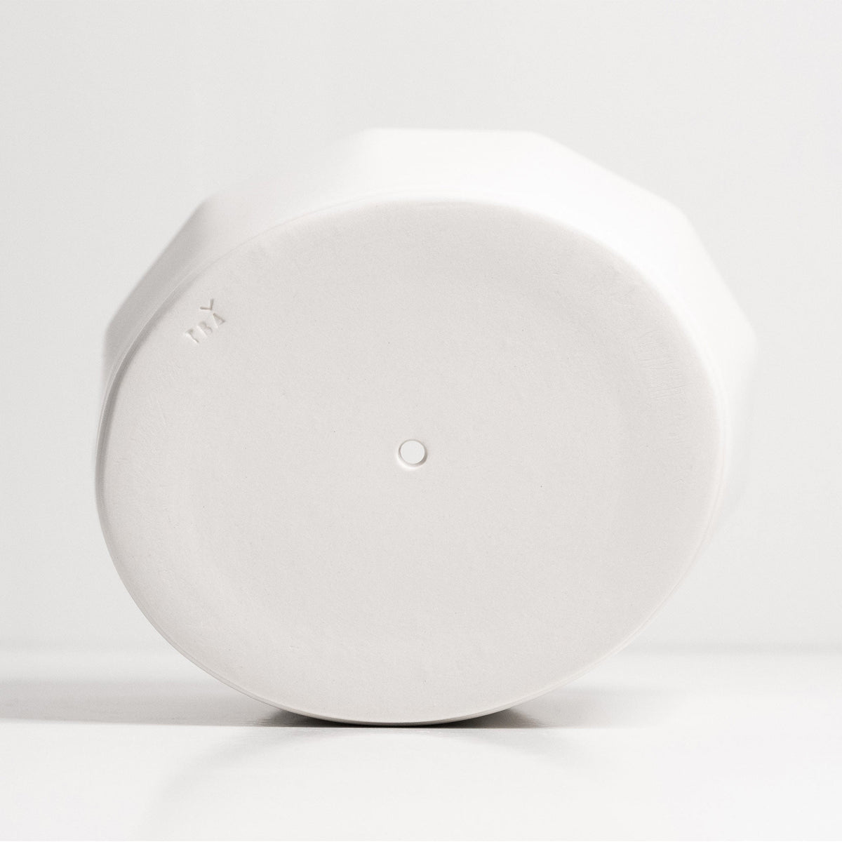Silk White porcelain planter base with drain hole and maker stamp