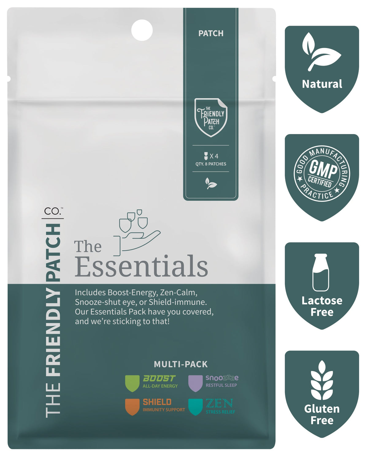 Patch multi-pack pouch labeled Boost, Snooze, Shield, Zen, with Natural, Gluten Free badges