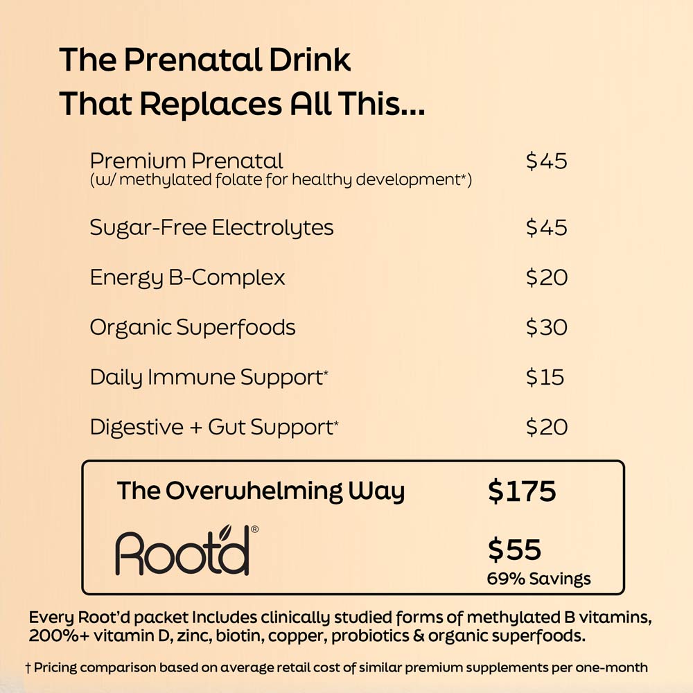 Promotional graphic for Rootd prenatal drink bundles, listing ingredients and prices.