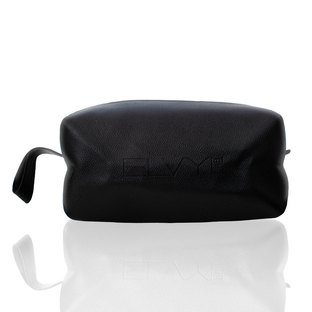 Black leather toiletry bag with top zipper and wrist strap.