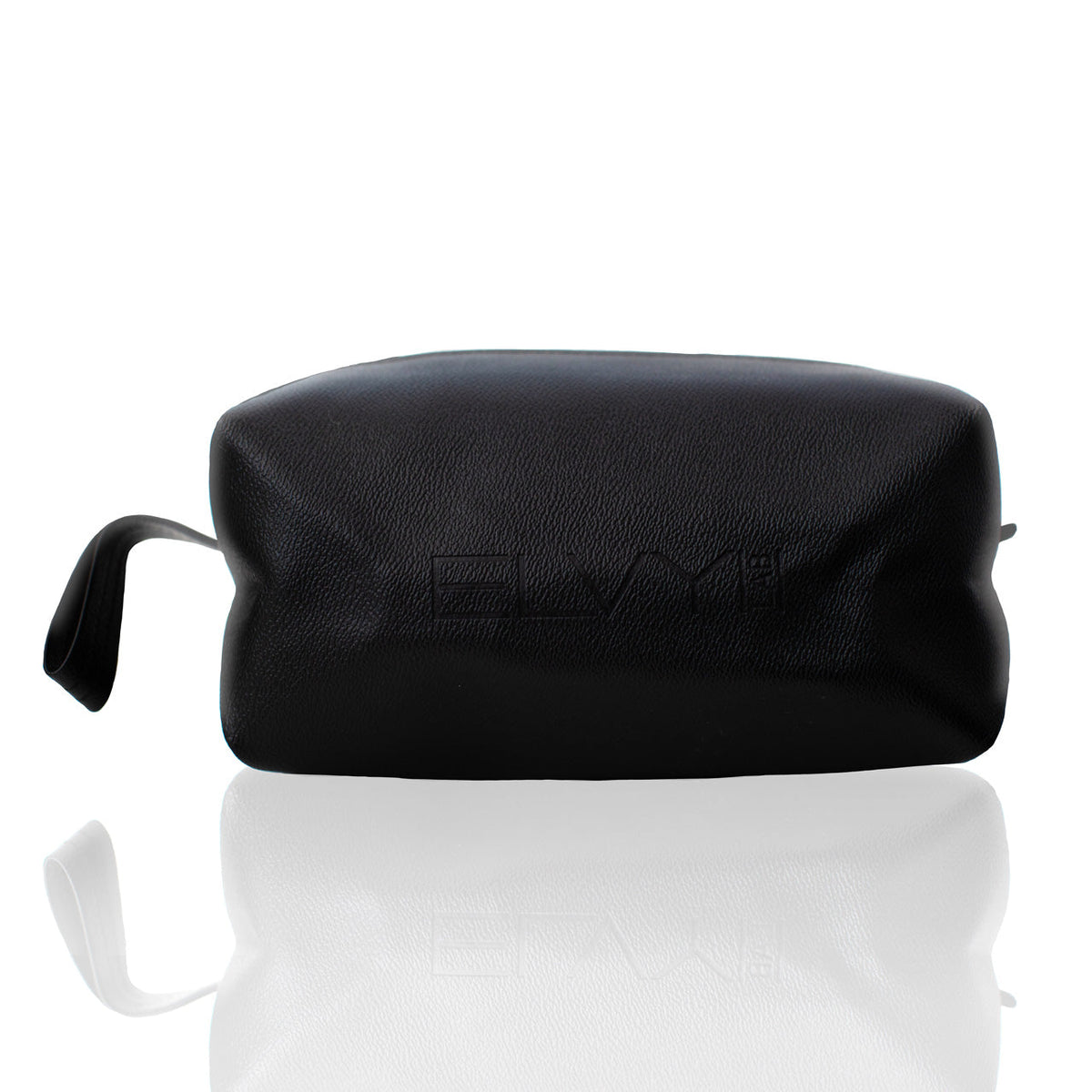 Black leather toiletry bag with top zipper and wrist strap.
