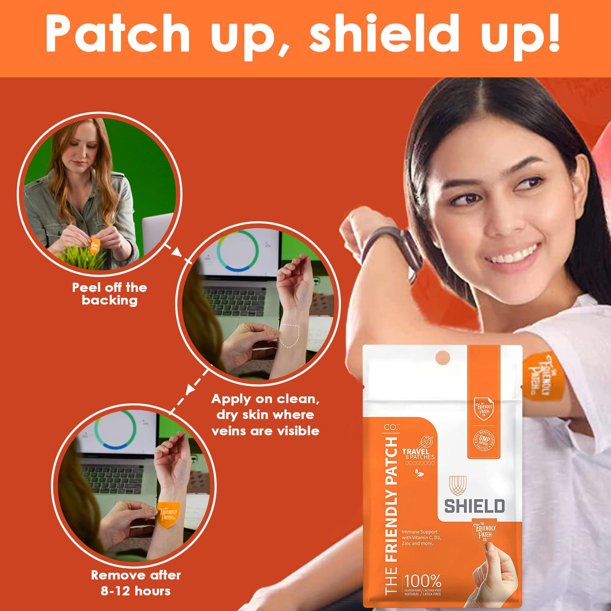 Shield Wellness patch packet with peel-off and application steps