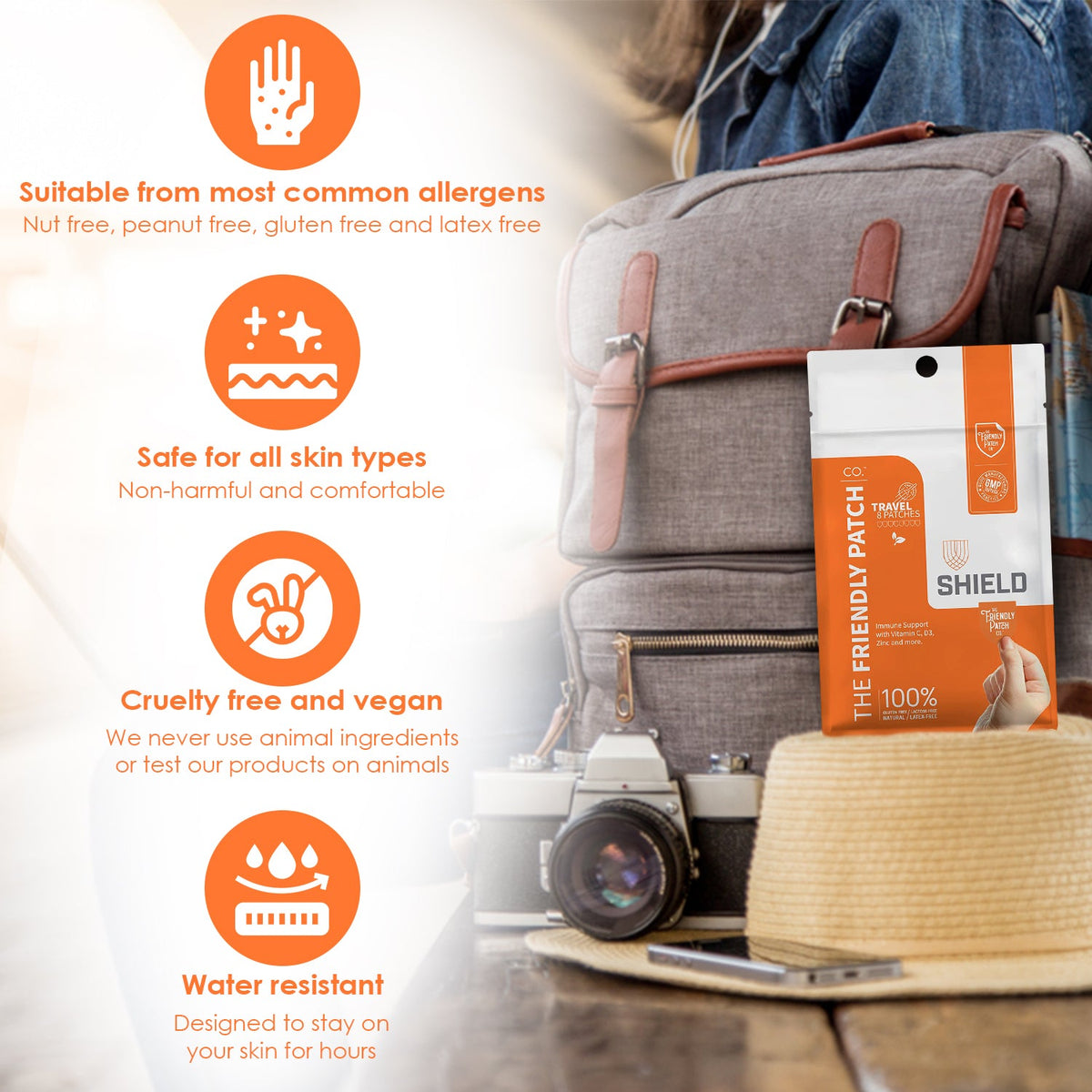 Immunity patch travel pack pouch with Shield Wellness orange and white label