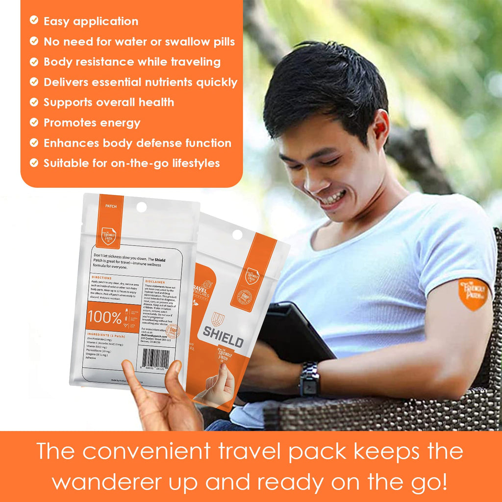 Immunity patches pouch held in hand, Shield Wellness orange and white packaging