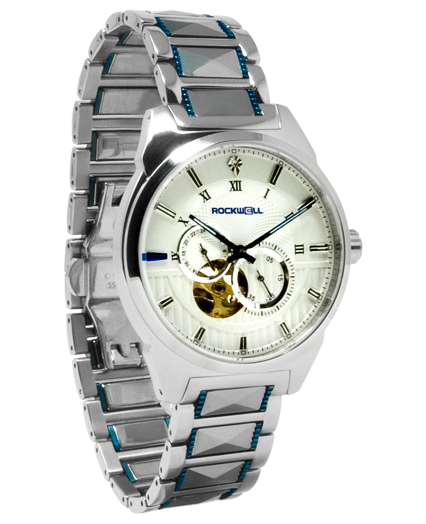 Women's silver wristwatch with blue accents, cream dial, gold subdials, round face