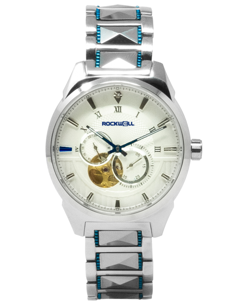 Women's silver metal wristwatch with blue bezel accents, cream dial, gold-toned subdials