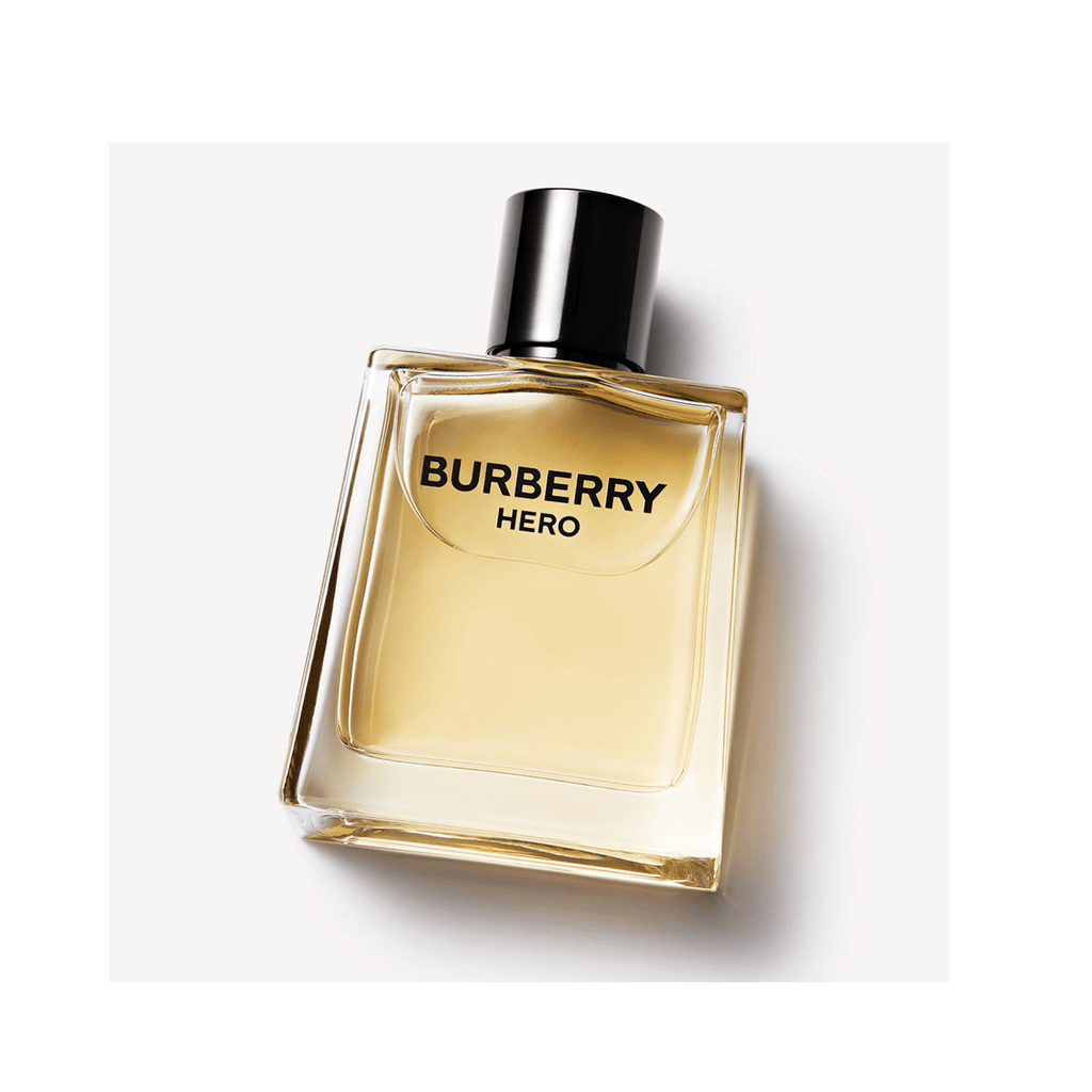 Burberry Hero eau de toilette bottle with black cap, amber liquid and front label