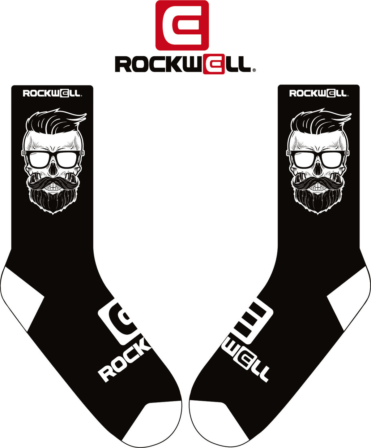 Black crew socks with graphic bearded face, glasses, and Rockwell logo