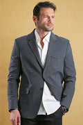Men's dark asphalt blue-gray bespoke blazer, two-button front, notch lapels, flap pockets