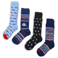 4-pack crew socks in light blue, navy, and black with striped cuffs and logos