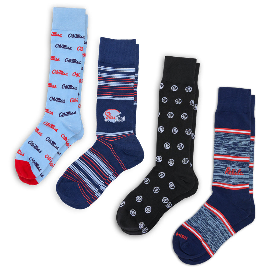 4-pack crew socks in light blue, navy, and black with striped cuffs and logos